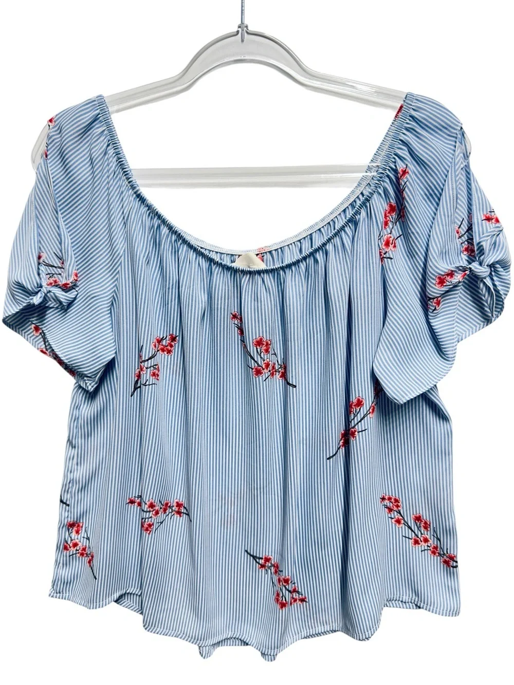 Satin Knit Pinstripe Floral Vines Off Shoulder Blouse Top